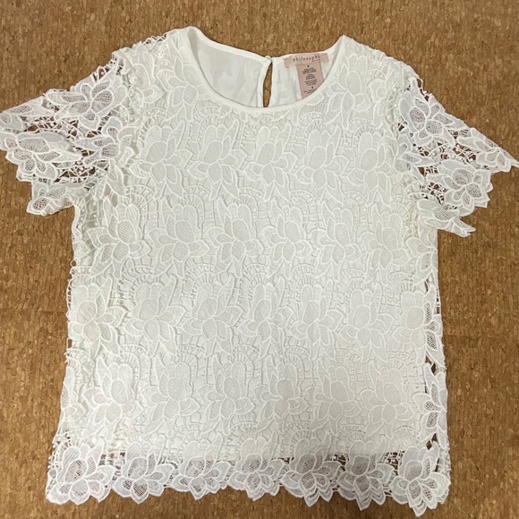 Philosophy White Floral Lace Top Women’s Small Short Sleeve Sheer Overlay Blouse - Picture 5 of 11